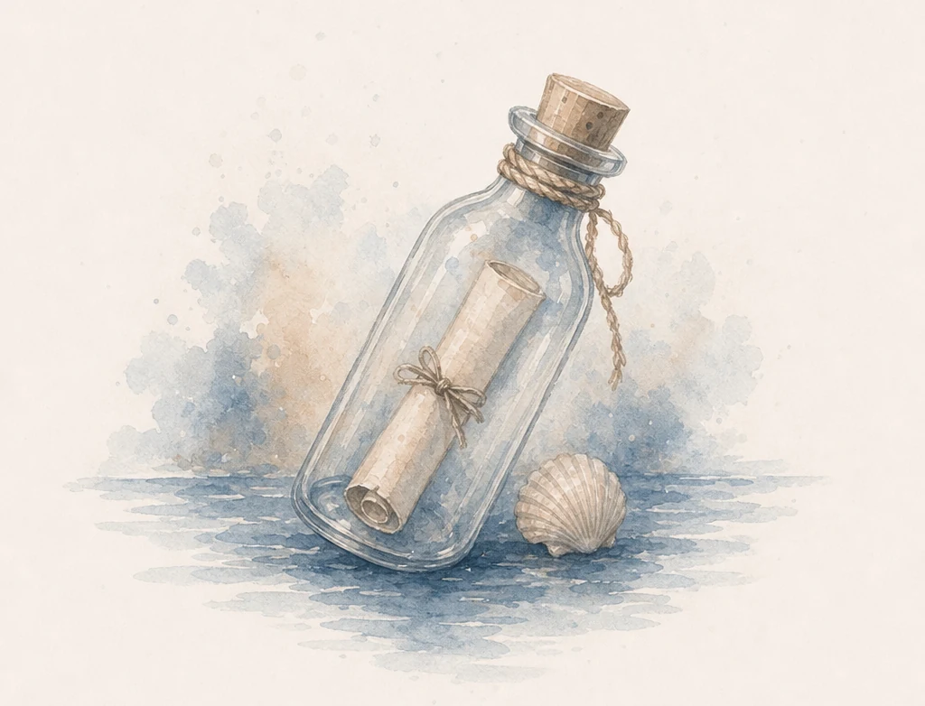 Aquarellillustration einer Flaschenpost mit Muschel